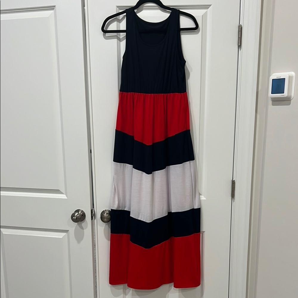 Red, white and Navy Blue ruffle Maxi Dress